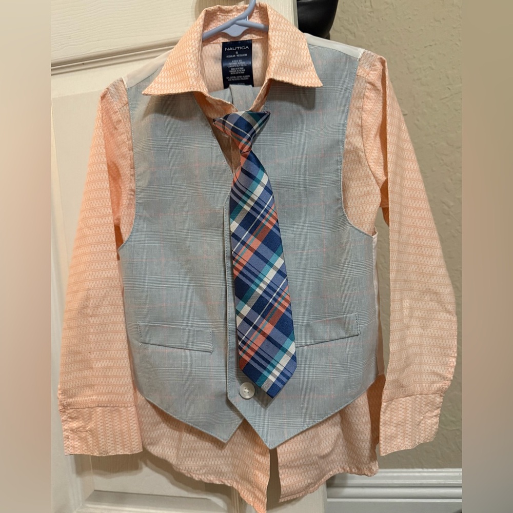 Boys Nautica Peach Shirt with Gray Vest and Plaid Tie